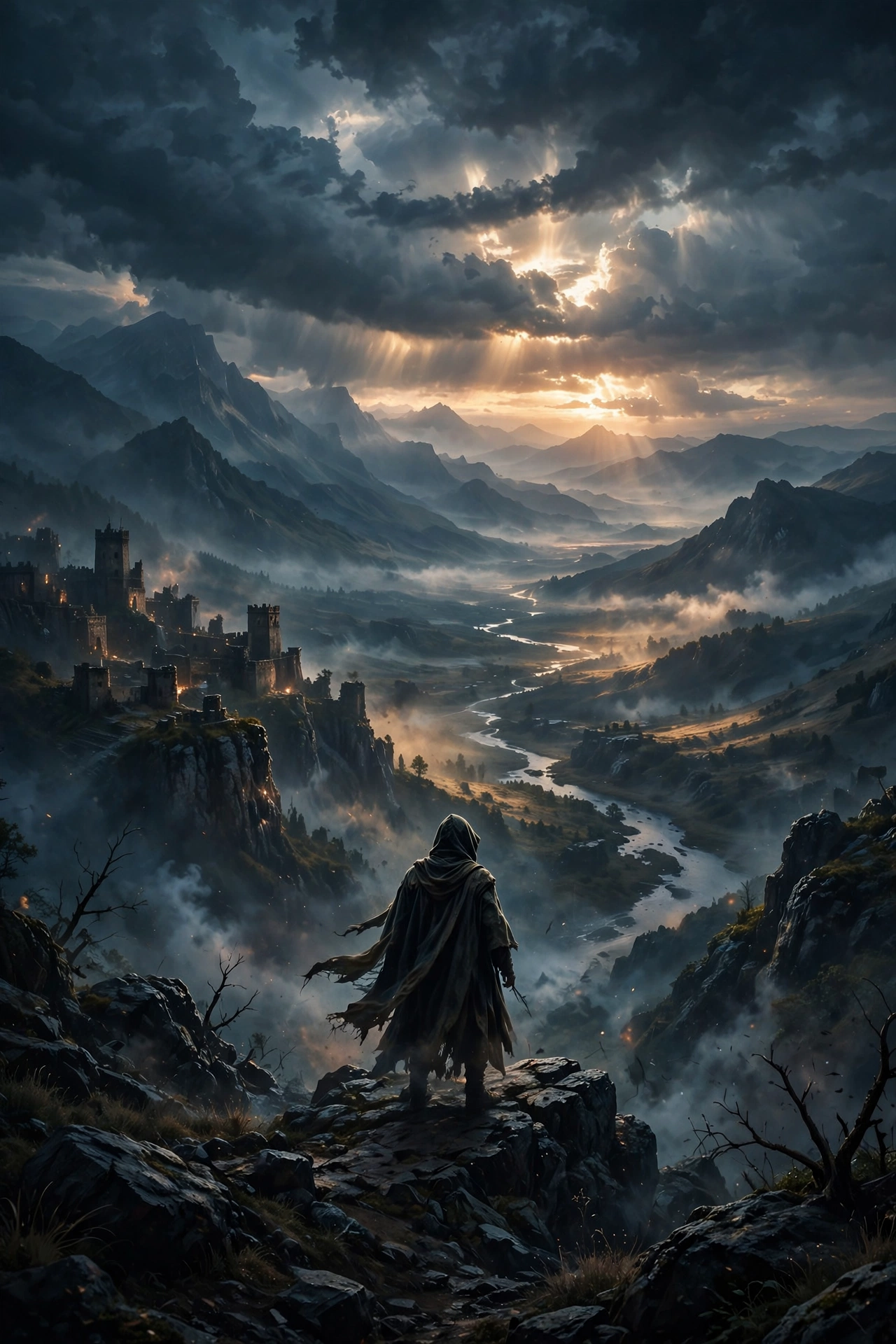 Original cinematic artwork of a traveler in a fiery landscape