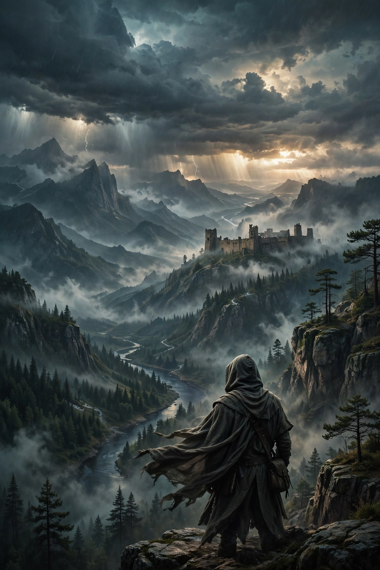 Original cinematic artwork of a fantasy citadel under storm clouds