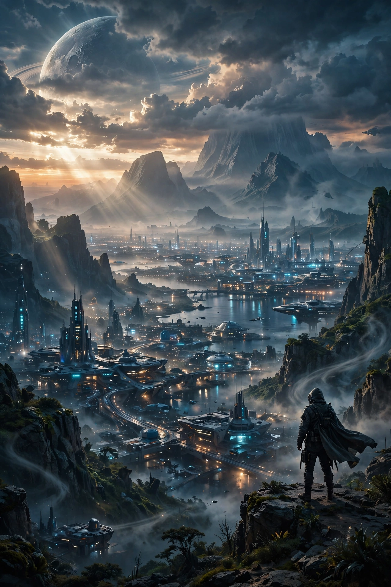 Original cinematic artwork of a luminous futuristic city